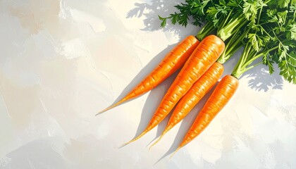 Five fresh carrots with green tops on light surface, vibrant orange color and natural texture.
