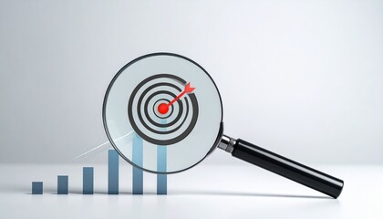 Magnifying glass enlarging bullseye with arrow, bar graph in background, symbolizing focus and growth.
