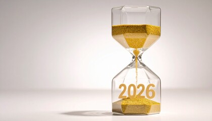 Glass hourglass with golden sand forming "2026" on white background, symbolizing time and future.