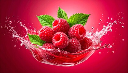 Fresh raspberries with green leaves in red liquid splash on red gradient background, juicy and vibrant.