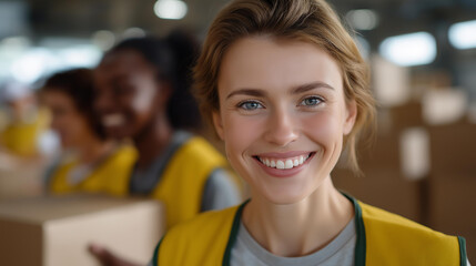 A group of volunteers packing food boxes in a cheerful community center, high-energy teamwork and bright smiles capturing wholesome service spirit. cinematic color correction, natural uneven