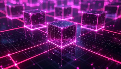 Futuristic digital network with glowing pink cubes on dark grid circuit background.