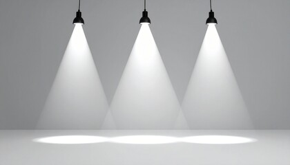 Three pendant lights casting overlapping circular beams on neutral gray background, symmetrical and minimal.