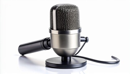 Studio microphone with shock mount on plain white background, isolated and professional.
