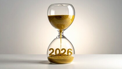 Glass hourglass with golden sand forming "2026" on white background, symbolizing time and future.