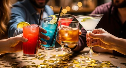 Cocktail Toast: A close-up shot of a group of friends raises their glasses in a toast, showcasing a colorful array of mixed drinks against a blurred background.