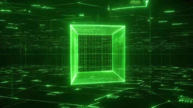 A glowing green wireframe cube in a dark, futuristic digital environment with circuit patterns and data elements.