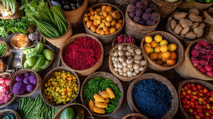 Vibrant Vegetable Market: A colorful array of fresh produce overflows from woven baskets, showcasing the natural bounty of the market.