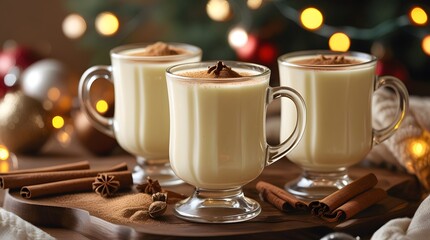 Festive Christmas eggnog drinks with cinnamon and star anise on a rustic wooden table with bright bokeh lights. Cozy holiday