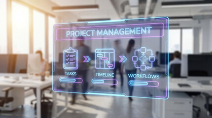 Project management digital interface showing tasks timeline workflows with checklist gantt chart and process diagram in modern office environment