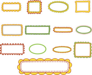 Collection of hand drawn decorative colorful borders and frames on black background