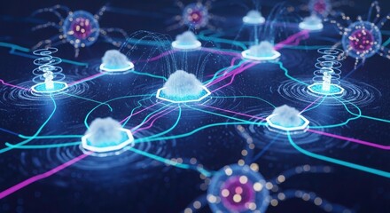 Digital Cloud Network: A visual representation of a complex, interconnected cloud network, symbolizing the modern digital world and data flow.