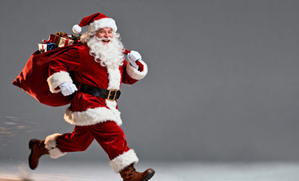 Jolly Santa Claus running with a sack full of Christmas presents, grey background. Text space - Powered by Adobe
