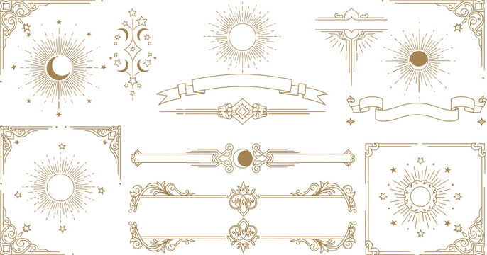 Celestial and art deco design elements with suns moons and stars