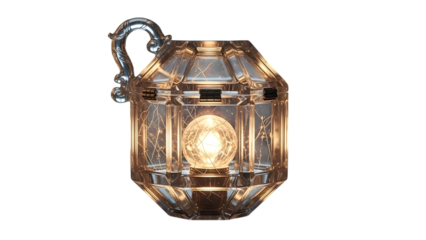 Vintage style oil lamp with glowing light isolated on transparent background