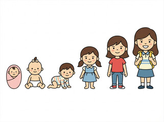 Cute cartoon vector illustration depicting a girl's developmental stages: newborn baby, infant, toddler, child, and school-aged kid. Human growth concept