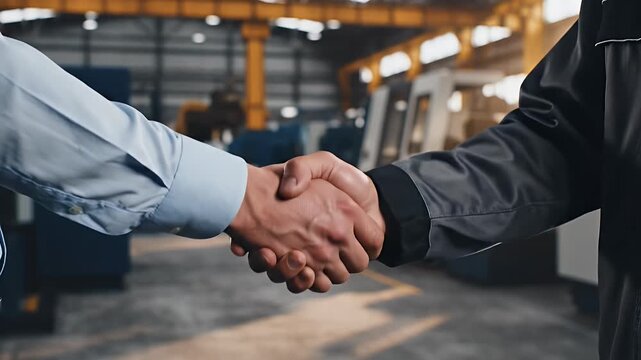 Business Partners Shaking Hands in Modern Industrial Setting During Meeting