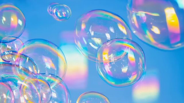 Dynamic close-up of vibrant iridescent soap bubbles bursting in a cloud of white powder against a dark background, showcasing ephemeral beauty and chaotic energy