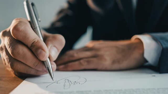 Professional hand signing important legal documents on a wooden desk in a corporate environment