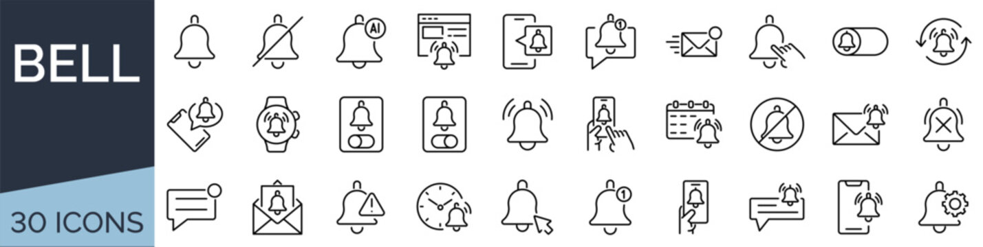 Set of 30 outline icons related to, bell. Linear icon collection. Editable stroke. Vector illustration