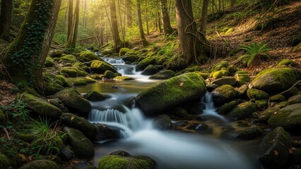 Promote a tranquil forest stream cascading over mossy rocks with golden sunlight for environmental wellness campaigns and outdoor brand advertising.