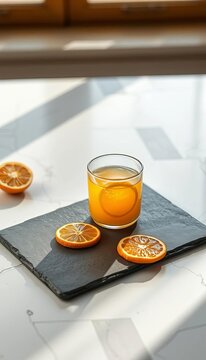 Citrus swirl on geometric slate, a zesty health elixir awaits refreshment,  low angle,  zest