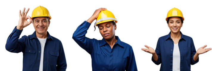 Diverse construction workers in yellow hard hats and blue uniforms showing various emotions; happy man, tired Black woman, and confident woman posing on a black studio background.