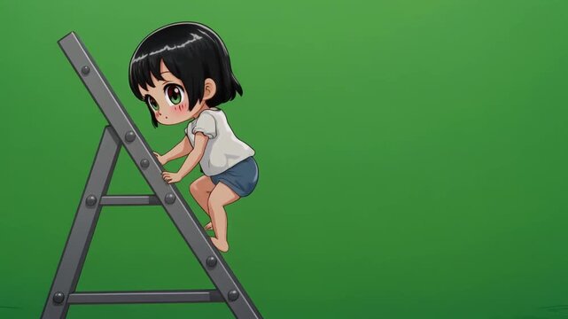 A cute chibi cartoon girl with black hair climbing a metal ladder against a plain green background.