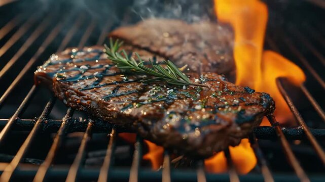 close-up of steak on the grill. Selective focus