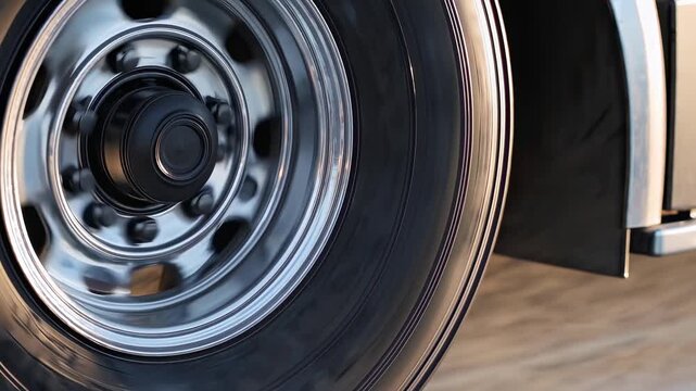 This video focuses on a close-up shot of a truck wheel in motion, highlighting the intricate details and strength of modern tires. It captures the power and efficiency of transport vehicles on the roa