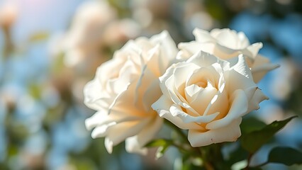 Dreamy white rose bouquet softly focused against a blue sky, evoking serenity and natural beauty.