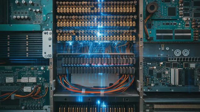 High-Tech Electronic Equipment Inside a Server Rack with Colorful Circuit Boards and Cables
