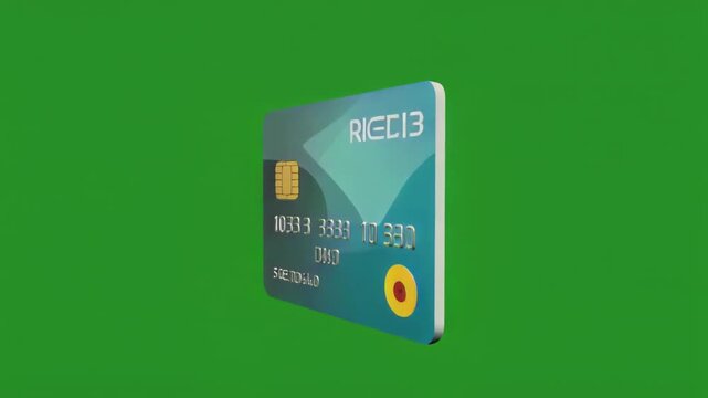A modern blue and teal credit card with a gold chip and geometric design, against a green screen background.