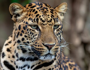 Naklejka premium Intense Close-up Portrait of a Majestic Leopard with Green Eyes in Natural Habitat