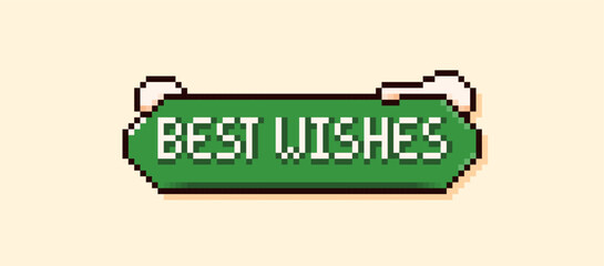 Christmas pixel speech bubble with a green background the phrase Best Wishes and snow peaks.