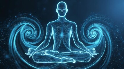 Calming digital meditation concept with glowing silhouette and particles for mindfulness and relaxation themes - Powered by Adobe