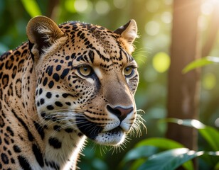 Majestic jaguar with golden eyes and spotted fur gazes intently in lush green jungle foliage with soft sunlight