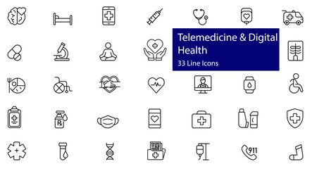 Telemedicine and Digital Health Line Icons – Minimalist Vector Symbols for Remote Care, Smart Hospitals, Medical Technology, Online Doctor, Healthcare Apps, Wellness, and Emergency Services.