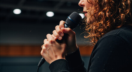 A woman with curly hair speaking into a microphone. Female speaker or singer performing on stage at a conference. Public speaking and communication concept
