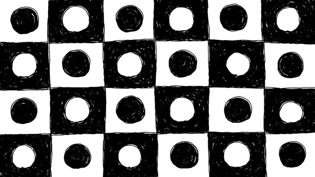白と黒の丸い穴が開いた格子柄の線が動く抽象的な落書き背景。4Kのアナログな手書きのループアニメ。アートやビンテージデザインに適したオーバーレイ素材