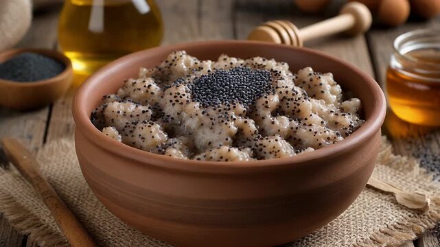 Delicious bowl of poppy seed porridge with honey, symbolizing a healthy and comforting breakfast