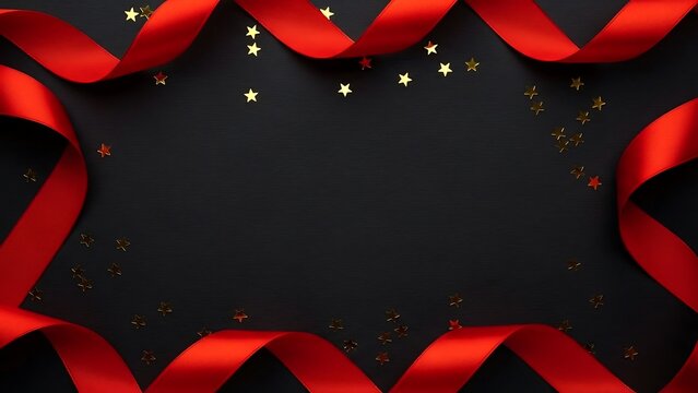 Red satin ribbon border with gold star confetti on black background red ribbon gold confetti - Powered by Adobe