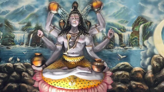 statue of Lord Shiva with multiple arms, symbolizing cosmic control, universal power, and divine protection. The dramatic pose and illuminated background enhance the sculpture&rsquo;s grandeur.