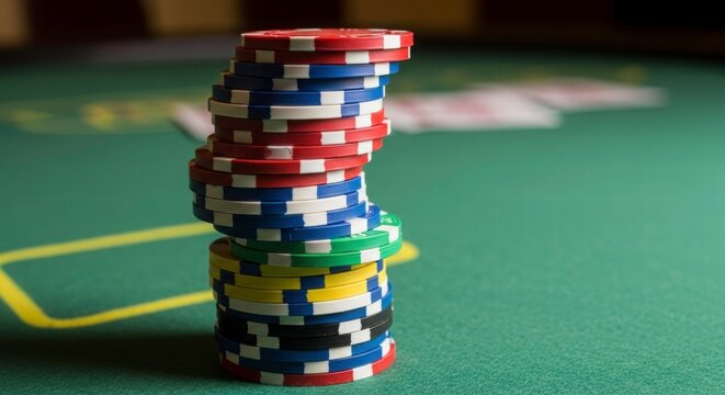Poker chips at the table: A dynamic stack of poker chips, vibrant in red, blue, green, and yellow, takes center stage on a classic green felt table, with blurred cards hinting at the ongoing game.