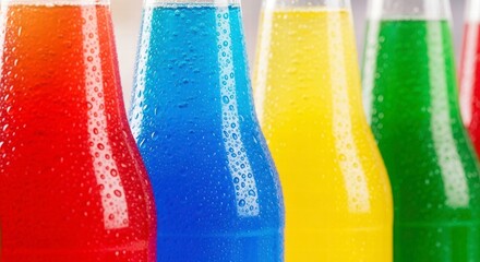 Vibrant Soda Array: An enticing arrangement of colorful soda bottles, showcasing the effervescent textures of refreshing bubbly drinks in various appealing hues, perfect to quench thirst