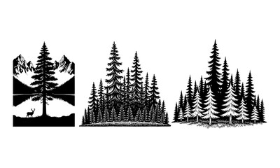 Fototapeta premium Pine tree forest mountain wilderness nature silhouette illustration design set
