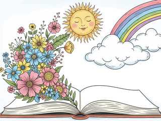 Whimsical Book Illustration with Sun, Rainbow, and Flowers &ndash; Cute Pastel Storytelling Art