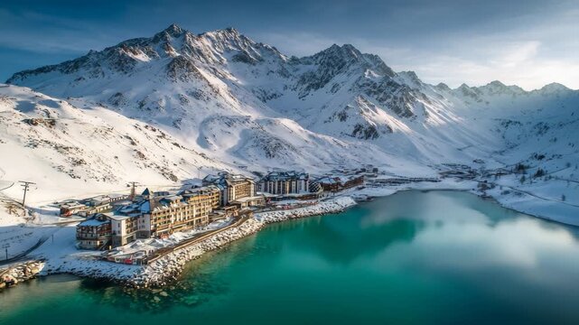 Majestic aerial view of the snow-covered tignes le lac ski resort village nestled by a beautiful turquoise alpine lake in the french alps