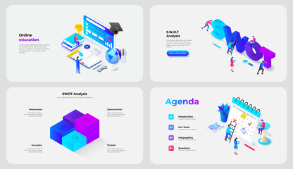 Isometric Online Education and SWOT Infographics Set. Vector Corporate Training, Strategic Skills, Business Planning and Project Management Concept