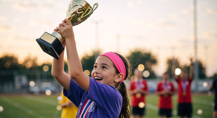 Fototapeta premium Young girl soccer player joyfully holding a winning trophy. Child champion celebrating victory after a game. Youth sports success and achievement